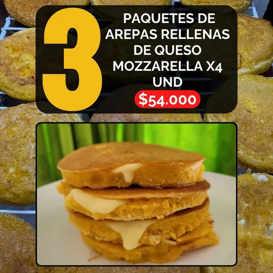 Pack 3 paquetes de arepas de chocolo rellenas de queso mozzarella x4 und