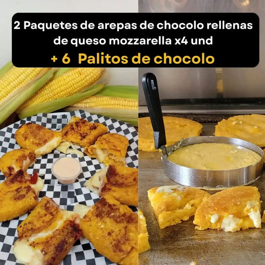 2 paquetes de arepas rellenas de queso mozzarella x4 und + 2 Bandejas de palitos de chocolo x3 und