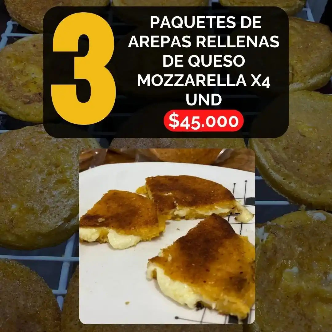 Pack de arepas de chocolo rellenas de queso mozzarella.