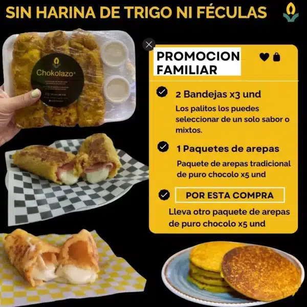 Promoción Familiar Lleva 2 bandejas x3 unidades + 2 paquetes de arepas tradicionales de puro chocolo