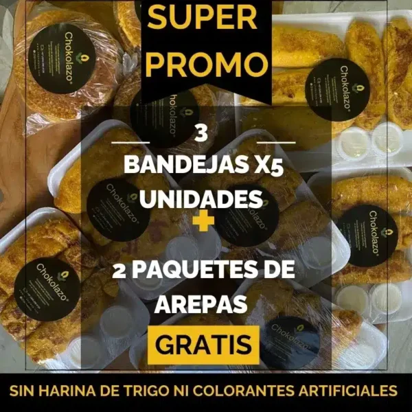 3 bandejas x5 und + 2 Paquetes de arepas de chocolo x5 und (GRATIS)